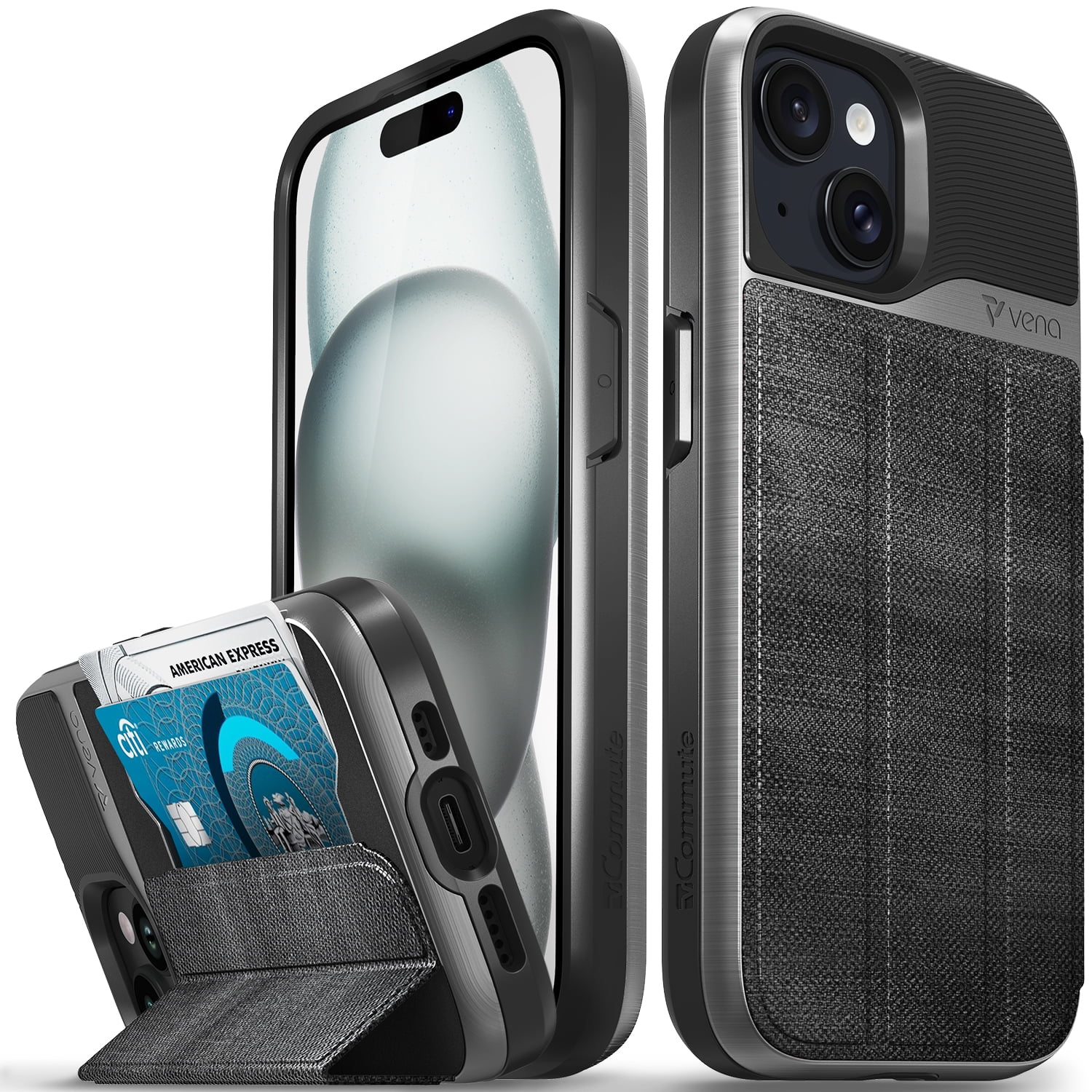 VENA vCommute Wallet Case Compatible with Apple iPhone 15 (6.1"), (Military Grade Drop Protection) Flip Leather Cover Card Slot Holder with Kickstand - Slate Black