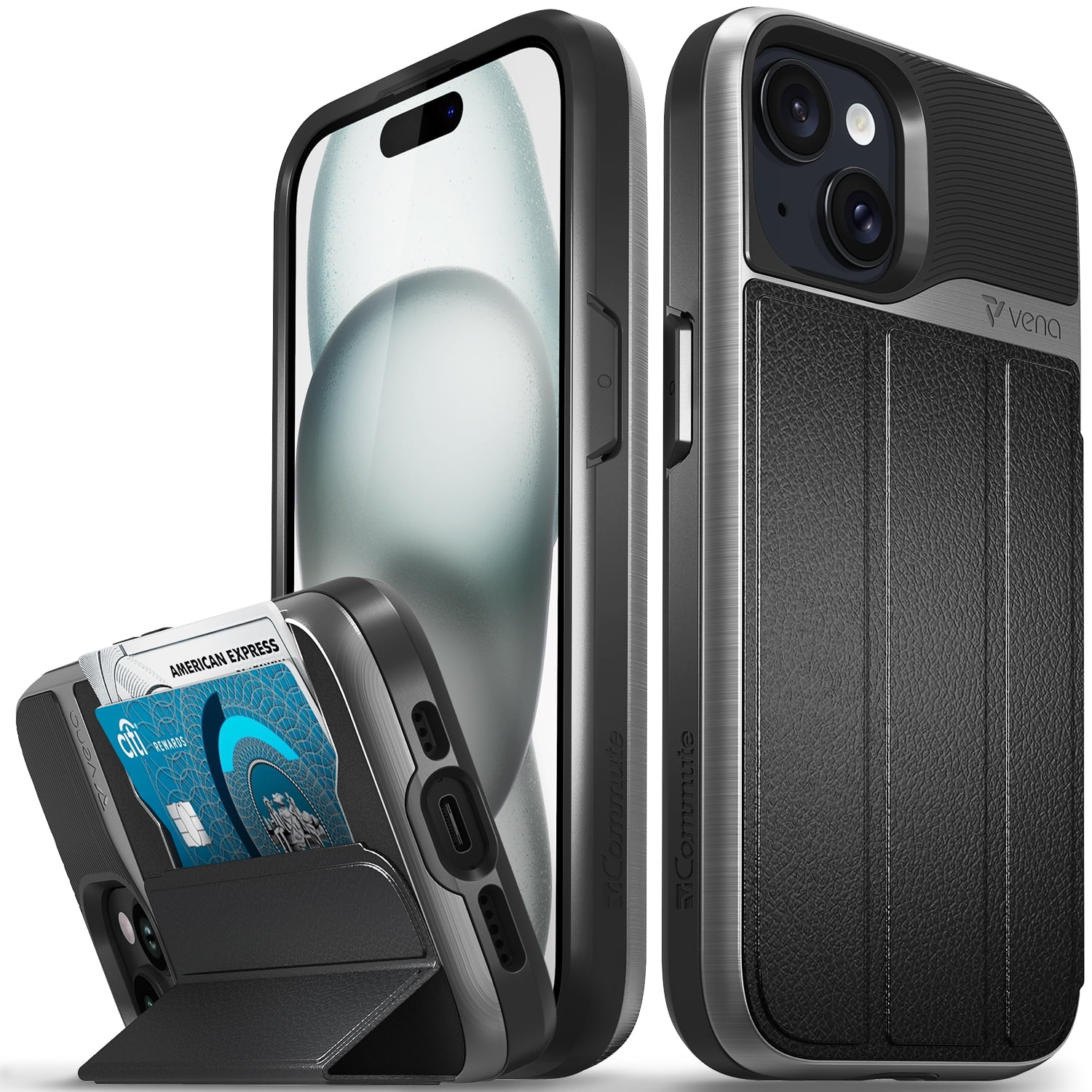 VENA vCommute Wallet Case Compatible with Apple iPhone 15 (6.1"), (Military Grade Drop Protection) Flip Leather Cover Card Slot Holder with Kickstand - Space Gray / Black