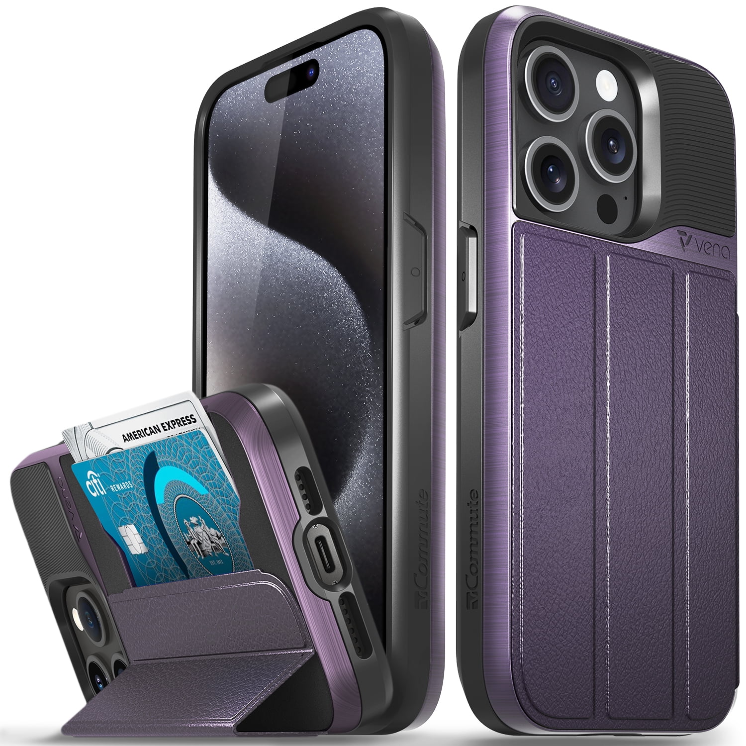 VENA vCommute Wallet Case Compatible with Apple iPhone 15 Pro (6.1"), (Military Grade Drop Protection) Flip Leather Cover Card Slot Holder with Kickstand - Deep Purple / Black