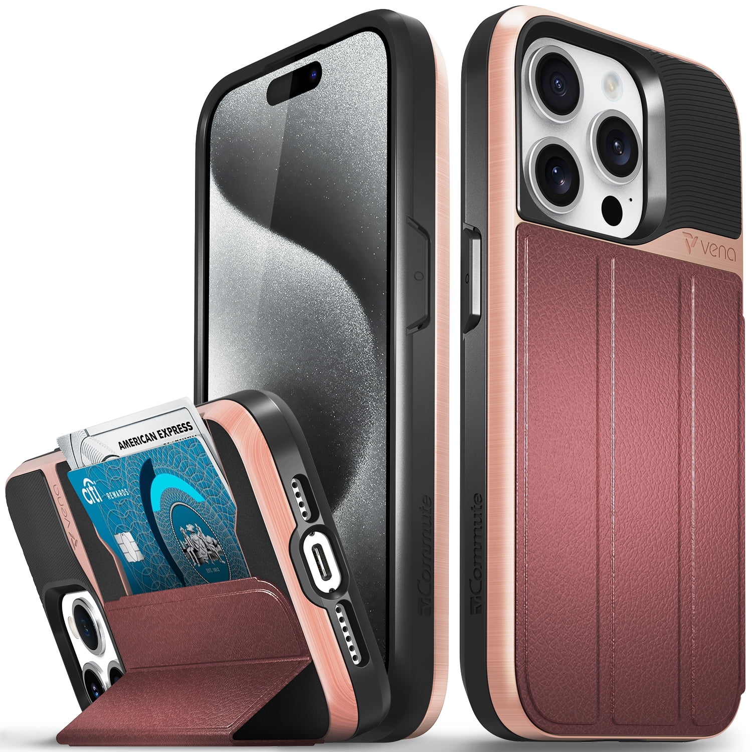 VENA vCommute Wallet Case Compatible with Apple iPhone 15 Pro (6.1"), (Military Grade Drop Protection) Flip Leather Cover Card Slot Holder with Kickstand - Rose Gold / Red / Black