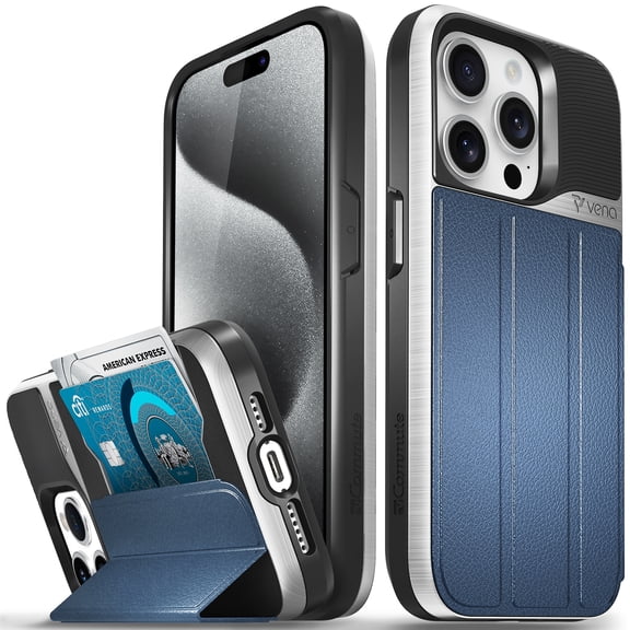 VENA vCommute Wallet Case Compatible with Apple iPhone 15 Pro (6.1"), (Military Grade Drop Protection) Flip Leather Cover Card Slot Holder with Kickstand - Silver / Blue / Black