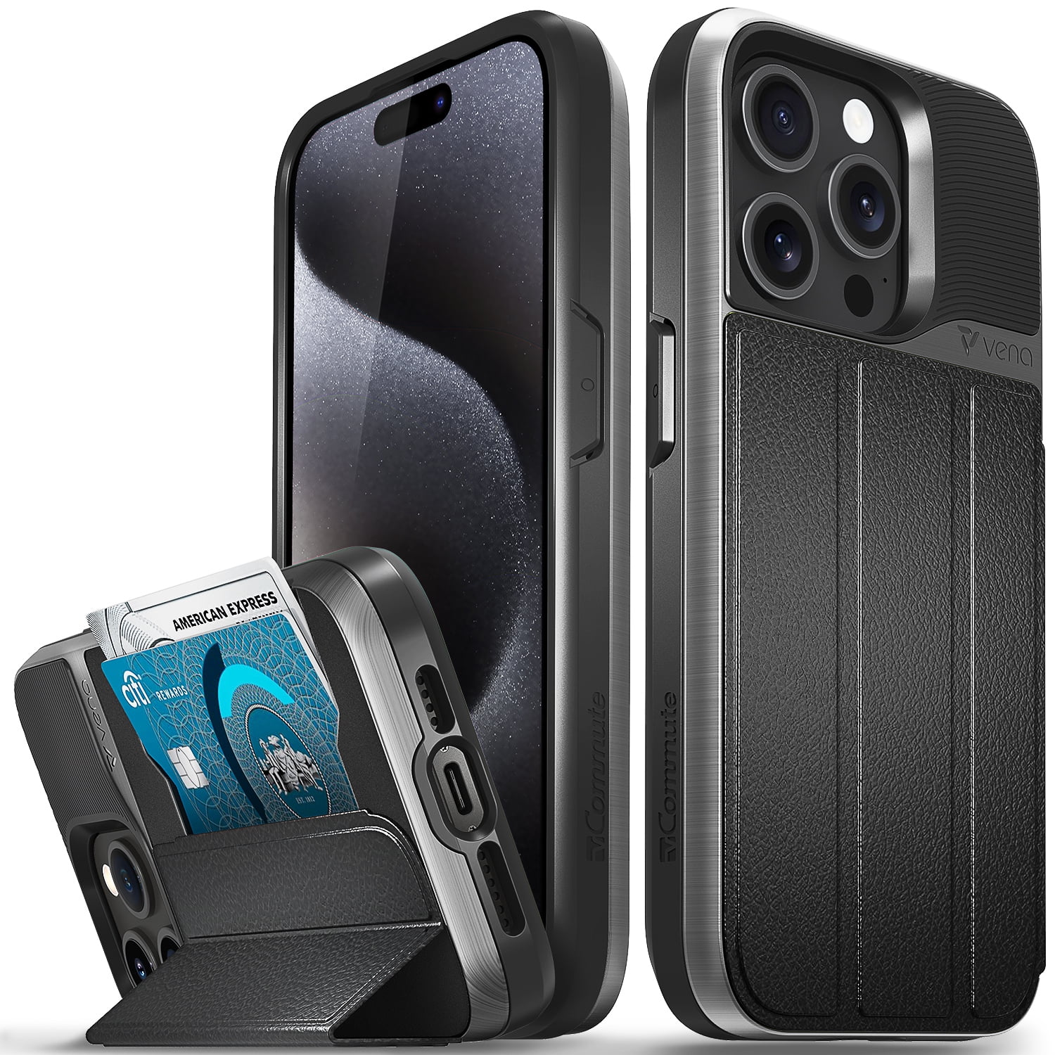 VENA vCommute Wallet Case Compatible with Apple iPhone 15 Pro (6.1"), (Military Grade Drop Protection) Flip Leather Cover Card Slot Holder with Kickstand - Space Gray / Black