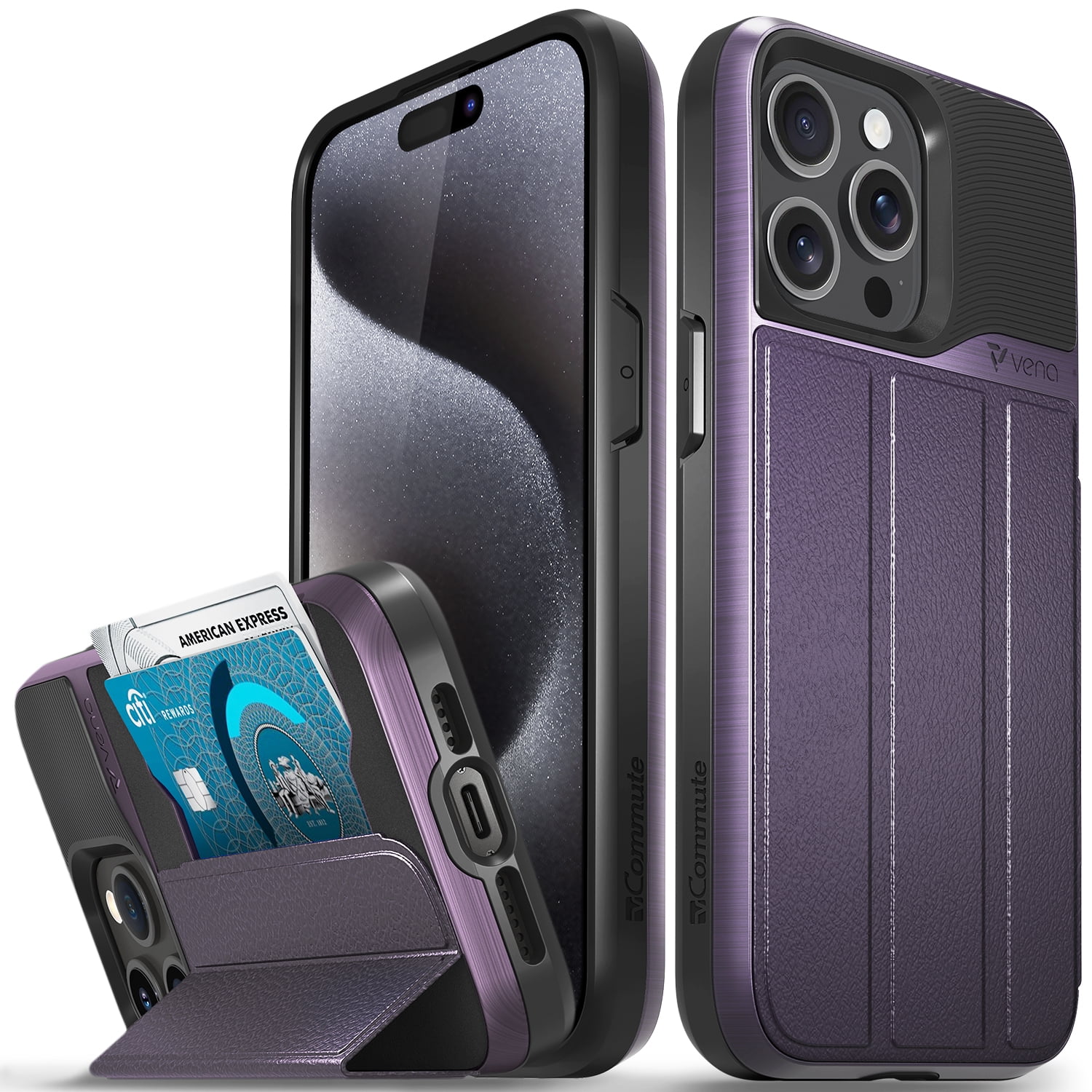 VENA vCommute Wallet Case Compatible with Apple iPhone 15 Pro Max (6.7"), (Military Grade Drop Protection) Flip Leather Cover Card Slot Holder with Kickstand - Deep Purple / Black