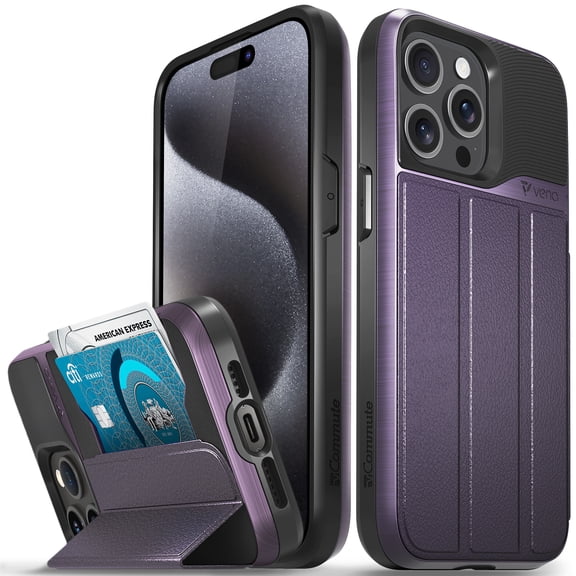 VENA vCommute Wallet Case Compatible with Apple iPhone 15 Pro Max (6.7"), (Military Grade Drop Protection) Flip Leather Cover Card Slot Holder with Kickstand - Deep Purple / Black