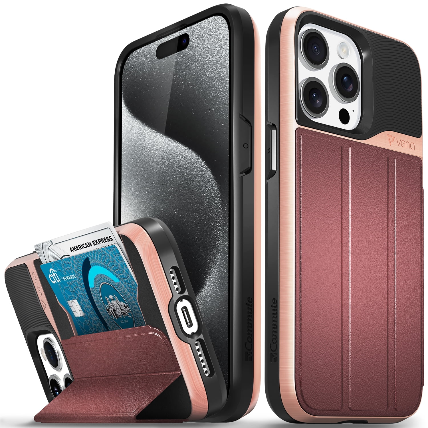 VENA vCommute Wallet Case Compatible with Apple iPhone 15 Pro Max (6.7"), (Military Grade Drop Protection) Flip Leather Cover Card Slot Holder with Kickstand - Rose Gold / Red / Black