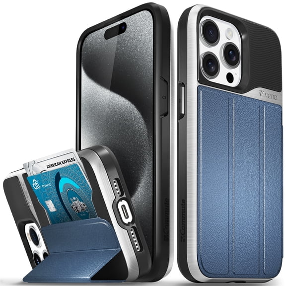 VENA vCommute Wallet Case Compatible with Apple iPhone 15 Pro Max (6.7"), (Military Grade Drop Protection) Flip Leather Cover Card Slot Holder with Kickstand - Silver / Blue / Black
