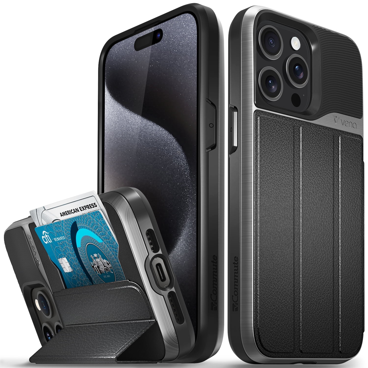 VENA vCommute Wallet Case Compatible with Apple iPhone 15 Pro Max (6.7"), (Military Grade Drop Protection) Flip Leather Cover Card Slot Holder with Kickstand - Space Gray / Black