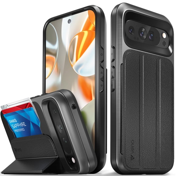 VENA vCommute Wallet Case Compatible with Google Pixel 9 Pro XL (2024), (Military Grade Drop Protection) Flip Leather Cover Card Slot Holder with Kickstand - Space Gray/Black