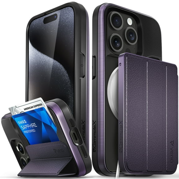 VENA vCommuteX Detachable Wallet Case For Apple iPhone 15 Pro Max (6.7"), (Magsafe Compatible, Military Drop Protection) Leather Cover Card Slot Holder with Kickstand - Deep Purple / Black