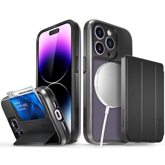 VENA vCommuteX Detachable Wallet Case For iPhone 14 Pro (6.1"), (Magsafe Compatible, Military Drop Protection) Leather Cover Card Slot Holder with Kickstand - Space Gray / Black