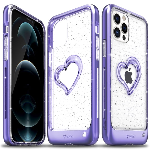 VENA vLove Glitter Clear Case Compatible with Apple iPhone 12 / iPhone 12 Pro (6.1"-inch), Heart Shape (CornerGuard Protection) Dual Layer Slim Hybrid Clear Bumper Case Cover (Purple)