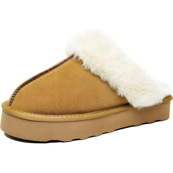 VENECORE Amber Women's Winter Fur Slippers Genuine Suede Fluffy Faux Fur Memory Foam Cushion, Indoor and Outdoor, Chestnut, US 8M