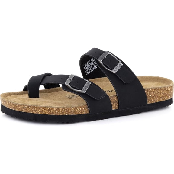 VENECORE Arena Women's Cork Footbed Sandals Summer Comfortable Cushioned Slide Flat Slip-on, Black, US 8M