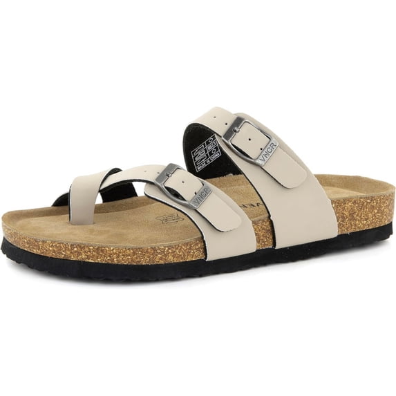 VENECORE Arena Women's Cork Footbed Sandals Summer Comfortable Cushioned Slide Flat Slip-on, Stone, US 10M