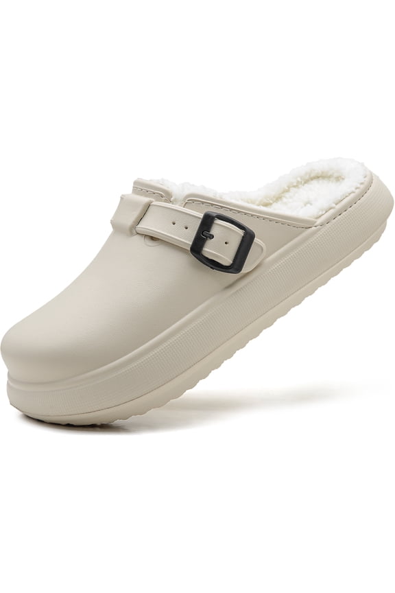 Ellis Classic Fur Lined Clogs Waterproof Winter Fuzzy Slippers for Women Men Indoor and Outdoor, Beige, US Men 5.5, US Women 7