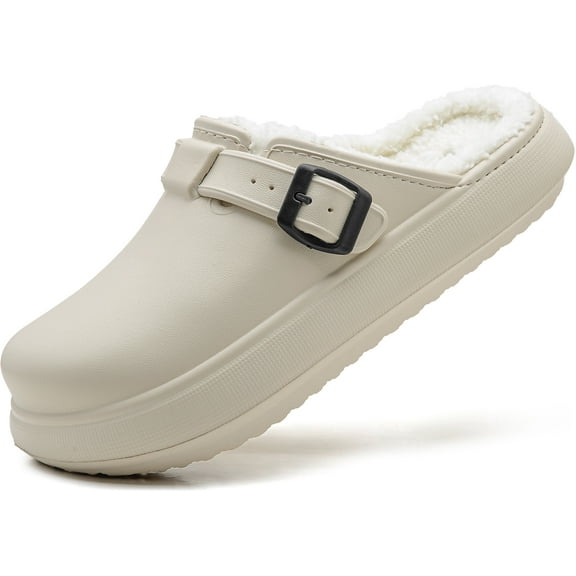 VENECORE Ellis Classic Fur Lined Clogs Waterproof Winter Fuzzy Slippers for Women Men Indoor and Outdoor, Beige, US Men 9.5, US Women 11