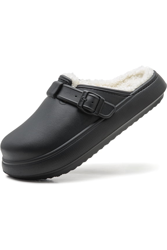Ellis Classic Fur Lined Clogs Waterproof Winter Fuzzy Slippers for Women Men Indoor and Outdoor, Black, US Men 10.5, US Women 12.5