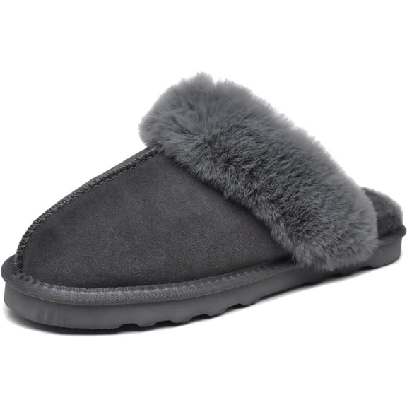 VENECORE Emma Women's Winter Fur Slippers Genuine Suede Fluffy Faux Fur Memory Foam Cushion, Indoor and Outdoor, Charcoal, US 10M