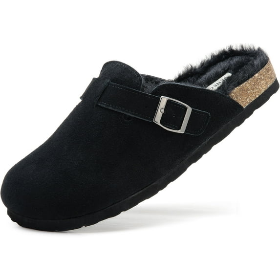 VENECORE Erica Women's Cork Footbed Clogs Genuine Soft Suede Faux Fur Lined Comfort Mule Slide Shoes, Black, US 11M