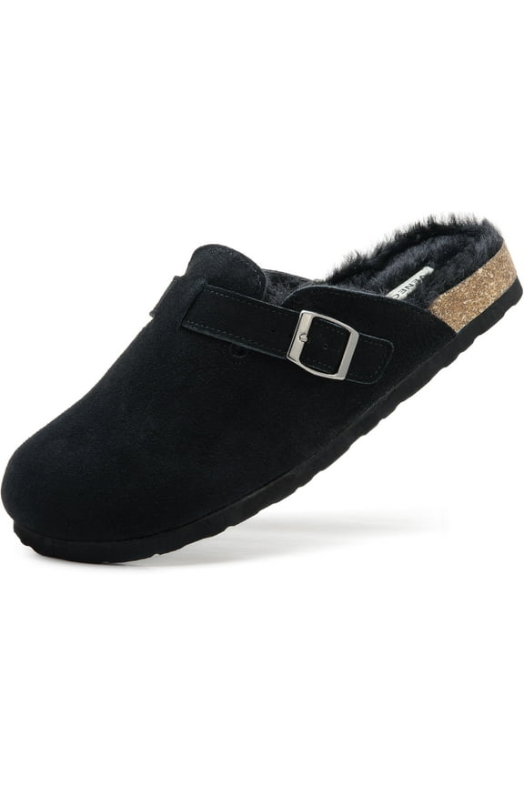 Erica Women's Cork Footbed Clogs Genuine Soft Suede Faux Fur Lined Comfort Mule Slide Shoes, Black, US 7M