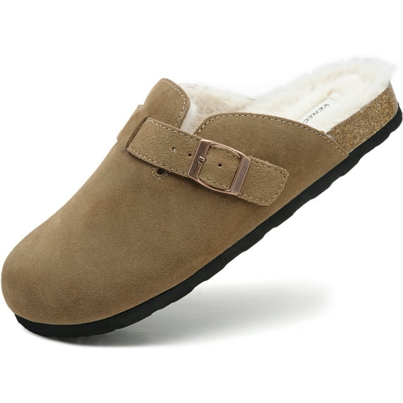 VENECORE Erica Women's Cork Footbed Clogs Genuine Soft Suede Faux Fur Lined Comfort Mule Slide Shoes, Brown, US 10M