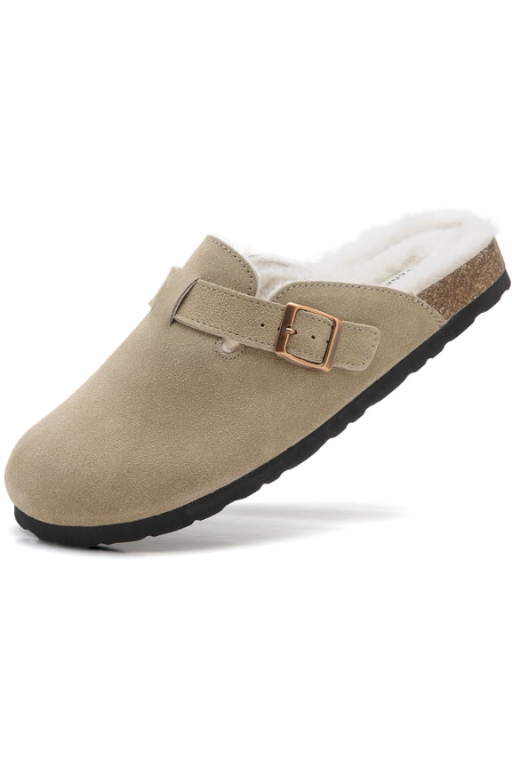 Erica Women's Cork Footbed Clogs Genuine Soft Suede Faux Fur Lined Comfort Mule Slide Shoes, Light Brown, US 6M