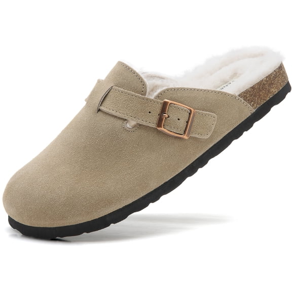 VENECORE Erica Women's Cork Footbed Clogs Genuine Soft Suede Faux Fur Lined Comfort Mule Slide Shoes, Light Brown, US 9M