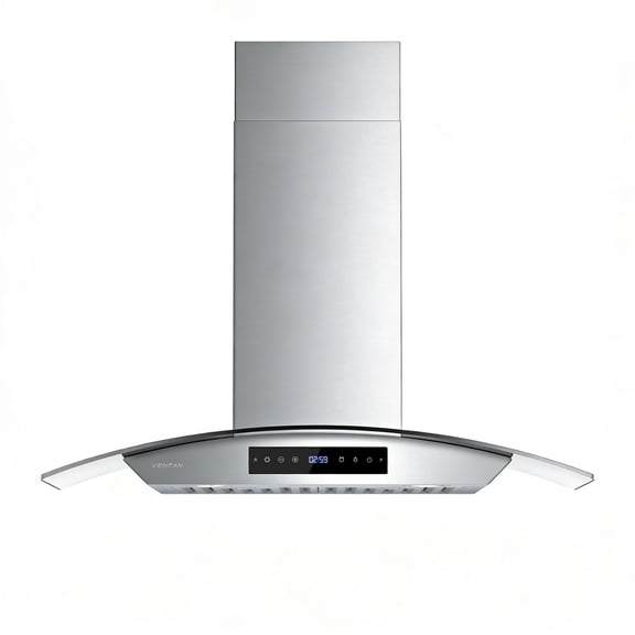 VENFAN 30 Inch Island Range Hood Ceiling Mount, 1200 CFM Kitchen Hood with DC Motor, 8-Speed Fan, Ducted/Ductless Vent, Memory Function & Delay Shutoff,Stainless Steel & Tempered Glass