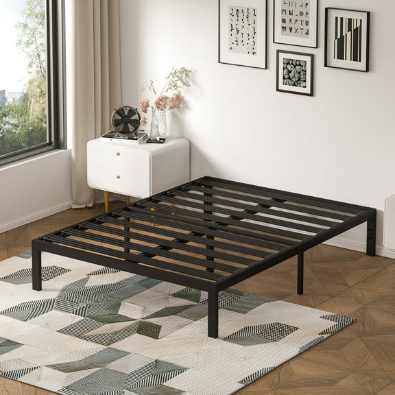 VENI 14" Heavy Duty Wide Metal Slat Deluxe Mattress Support Bed Frame Base E Black, Full