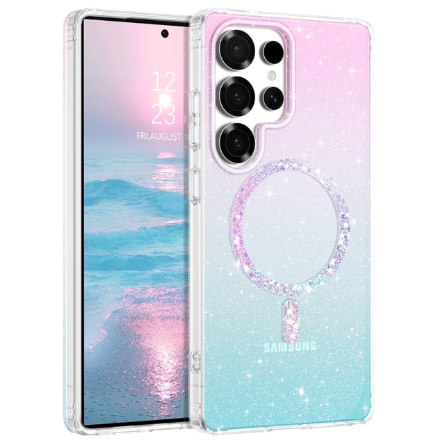 YINLAI Samsung S25 Ultra Case 6.9", Supported Magnetic Glitter Sparkle Phone Case,Slim Tpu Transparent Shockproof Protective Case for Samsung S25 Ultra ,Pink-Blue