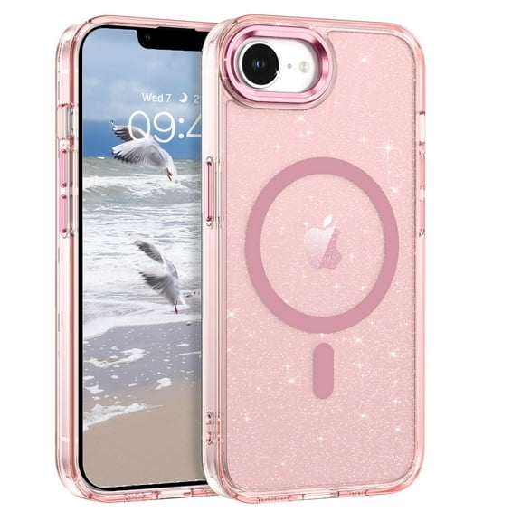YINLAI iPhone 16e Case 6.1",Magnetic Surround Protection Transparent Sparkle TPU Shockproof Case for iPhone 16e,Pink