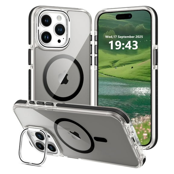 VENINGO Magnetic Case for iPhone 15 Pro Max Compatible with Mag-safe,Slim Shockproof Protective Case for iPhone 15 Pro Max with Metal Camera Stand,Clear