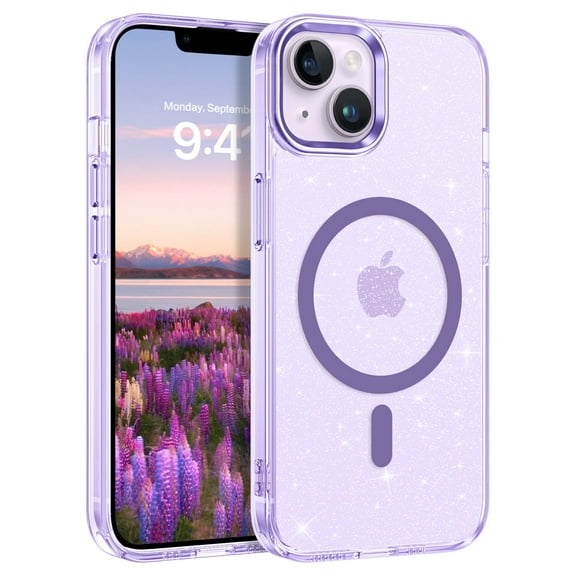 VENINGO Magnetic for iPhone 13 Case / iPhone 14 Case Clear Glitter, Compatible with Mag-safe, TPU Transparent Shockproof Slim Bling Sparkly Bumper Cover Phone Case for Women Girls, Purple