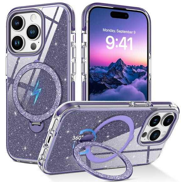 VENINGO Magnetic for iPhone 14 Pro Glitter Case with 360° Rotatable Stand Compatible with Mag-safe,Slim Back Shockproof Protective Cover with Bling Kickstand for iPhone 14 Pro,Purple