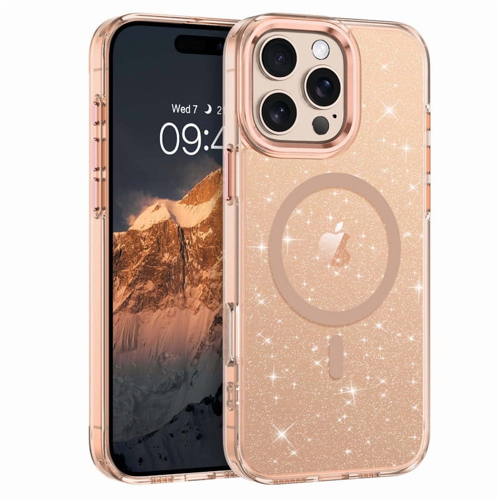 VENINGO Magnetic for iPhone 16 Pro Case Clear Glitter, Compatible with Mag-safe, TPU Transparent Shockproof Slim Bling Sparkly Bumper Cover Phone Case for Women Girls, Desert Titanium