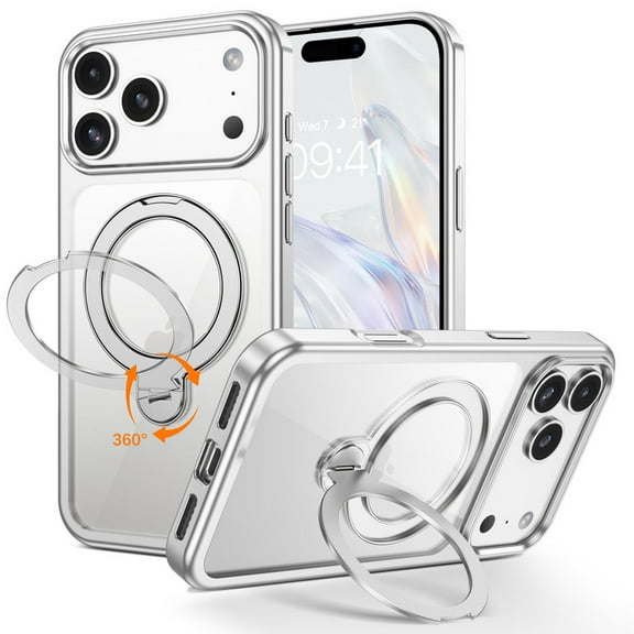 VENINGO Magnetic for iPhone 17 Pro Max Case with 360 ° Rotatable Stand Compatible with Mag-safe,Clear Shock Resistant Slip Resistant Case for iPhone 17 Pro Max Case 6.9", Silver