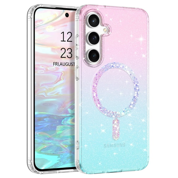 VENINGO Samsung S24 FE 5G Case 6.7", Supported Magnetic Glitter Sparkle Phone Case,Slim Tpu Transparent Shockproof Protective Case for Samsung S24 FE 5G,Pink-Blue
