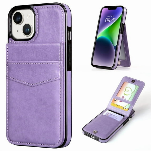 VENINGO Wallet Case for iPhone 13 & iPhone 14 with Card Holder Slots PU Leather Kickstand Magnetic Lock Lightweight Shockproof Full Body Protective Cover for iPhone 13 & iPhone 14, Purple