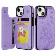 VENINGO Wallet Case for iPhone 13 & iPhone 14 with Card Slot, Exquisite Embossed Pattern PU Leather Kickstand Card Slots Case, Double Magnetic Clasp Shockproof Anti Slip iPhone 14 Case, Purple