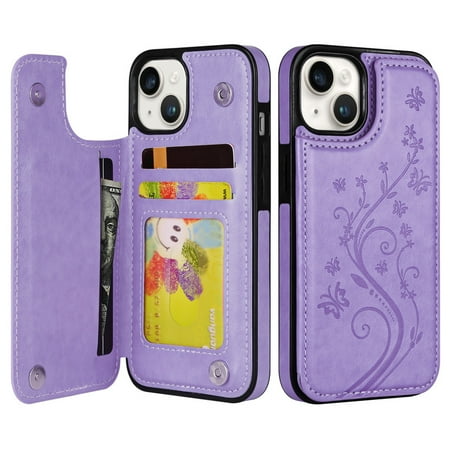 VENINGO Wallet Case for iPhone 13 & iPhone 14 with Card Slot, Exquisite Embossed Pattern PU Leather Kickstand Card Slots Case, Double Magnetic Clasp Shockproof Anti Slip iPhone 14 Case, Purple