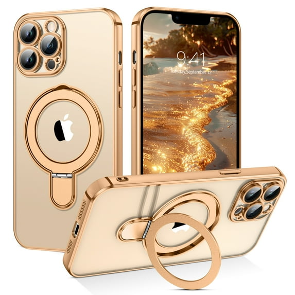 VENINGO iPhone 13 Pro Case 6.1" with Stand,Magsafe Plating Edge Invisible Ring Holder Slim Shockproof Protective Kickstand Clear Case for iPhone 13 Pro,Gold