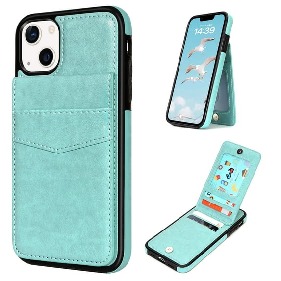VENINGO Wallet Case for iPhone 13 & iPhone 14 with Card Holder Slots PU Leather Kickstand Magnetic Lock Lightweight Shockproof Full Body Protective Cover for iPhone 13 & iPhone 14, Mint Green