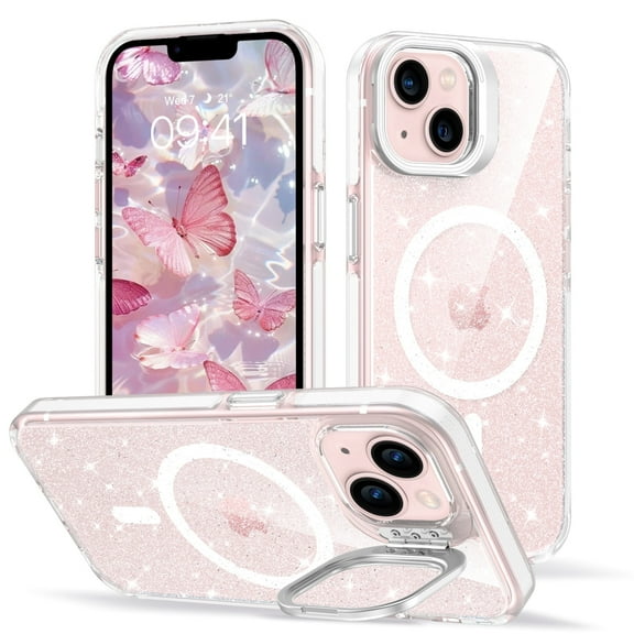 VENINGO Magnetic for iPhone 15 Case with Camera Frame Stand Compatible with Mag-safe, Shockproof Anti Slip Clear Crystal Glitter Phone Case 6.1", Clear