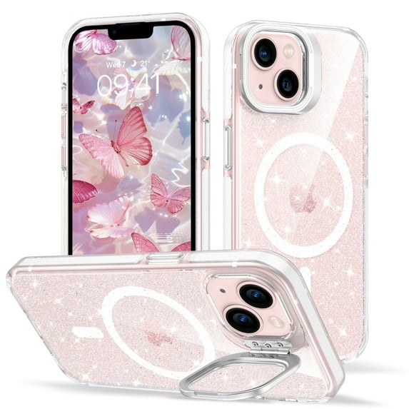 VENINGO Magnetic for iPhone 15 Case with Camera Frame Stand Compatible with Mag-safe, Shockproof Anti Slip Clear Crystal Glitter Phone Case 6.1", Clear