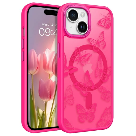 VENINGO for iPhone 15 Plus Case 6.7",Cute Butterfly Pattern iPhone 15 Plus Magnetic Case Compatible with Mag-safe Translucent Matte Slim Protective Case for iPhone 15 Plus, Hot Red
