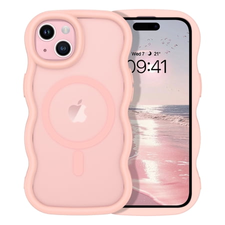 VENINGO for iPhone 15 Plus Case / iPhone 14 Plus Case 6.7'' Compatible with Mag-safe,Curly Wave Frame Translucent Matte Phone Case for iPhone 14 Plus/15 Plus, Pink