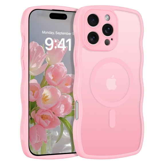 YINLAI Case for iPhone 16 Pro Max Compatible with Mag-safe 6.9",Wavy Frame Hard Translucent Matte Back Slim Shockproof Protective iPhone 16 Pro Max Case,Pink
