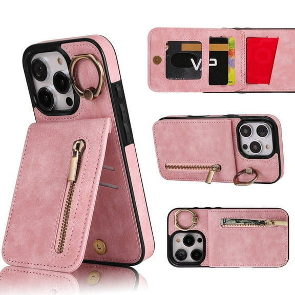 VENINGO for iPhone 16 Pro Wallet Case 6.3" with Ring Holder, Zipper Wallet Slot PU Leather Holder Magnetic Lock Lightweight Shockproof Full Body Protective Cover for iPhone 16 Pro, Rose Gold