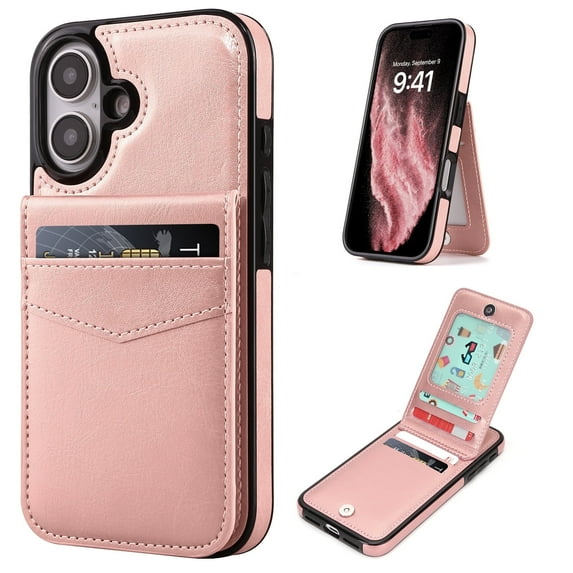 VENINGO for iPhone 16 Wallet Case 6.1" with Card Holder Slots PU Leather Kickstand Magnetic Lock Lightweight Shockproof Full Body Protective Cover for iPhone 16, Rose Gold