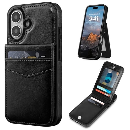 VENINGO for iPhone 16 Wallet Case 6.1" with Card Holder Slots PU Leather Kickstand Magnetic Lock Lightweight Shockproof Full Body Protective Cover for iPhone 16, Black